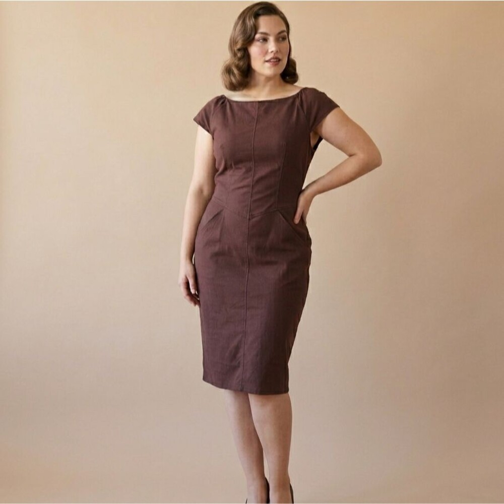 MUXXN Sheath Dress Size L Chocolate Brown Retro Pin Up Rockabilly Academia 1950s